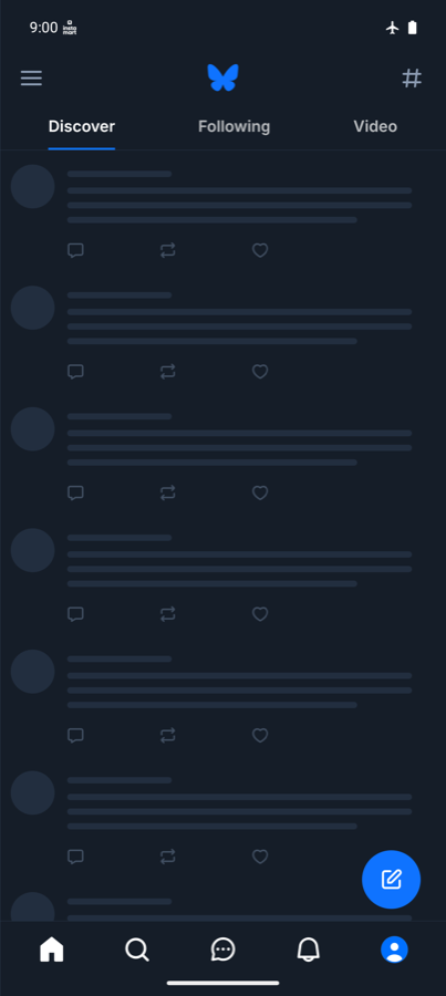 The home screen in airplane mode, showing only placeholder rows