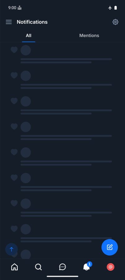 The notifications screen in airplane mode, showing only placeholder rows