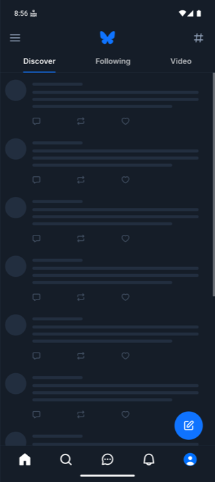 The home screen layout with gray placeholder rows where posts will appear