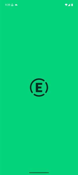 A green screen with the app's logo in the center