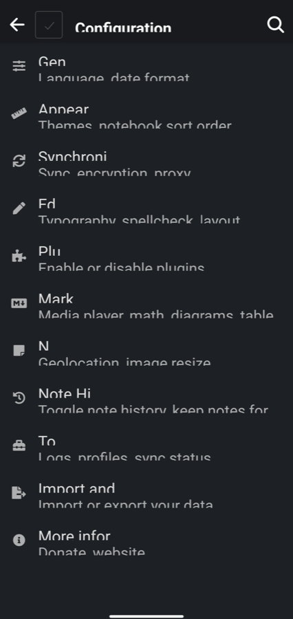 A settings list in which each label is cut off at the bottom and cut short