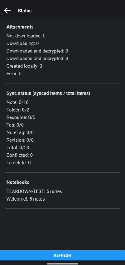 A status screen listing counts of synced items out of total items, all zero out of some number
