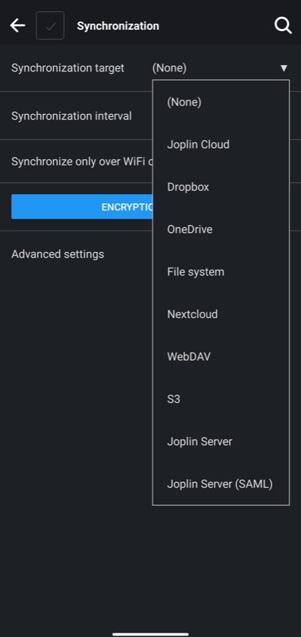 A settings screen with a list of synchronization targets, with None selected